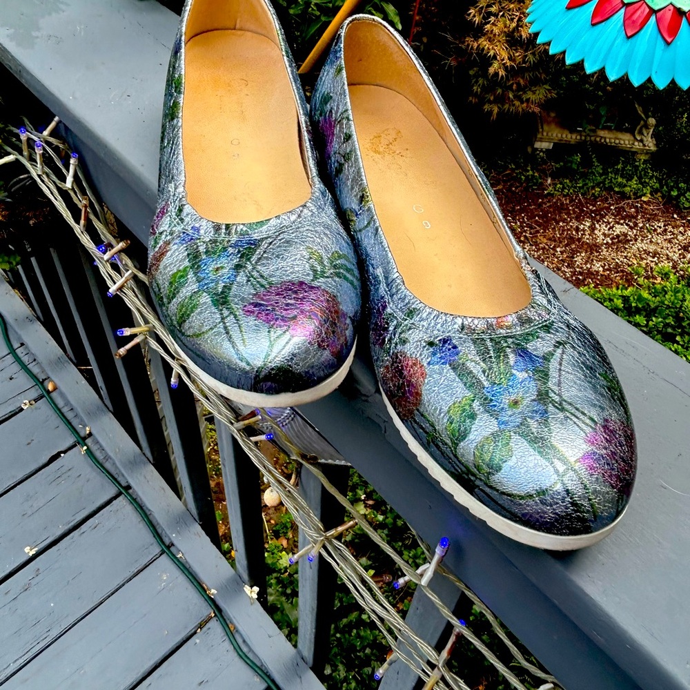 Gabor Floral Leather Slip On Espadrille Shoes Size 9.5